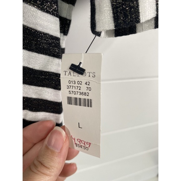Talbots Shirt Womens Large Black White Striped Ruffle Sleeve Metallic Tee Top - Picture 3 of 12